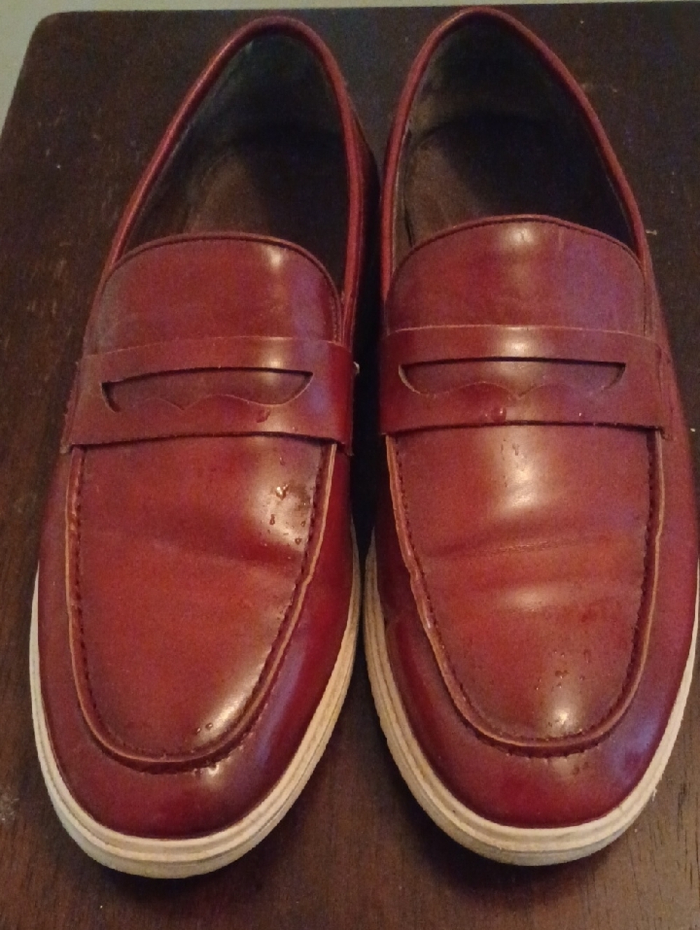 Romario Burgundy Faux Leather Penny Loafers with White Soles